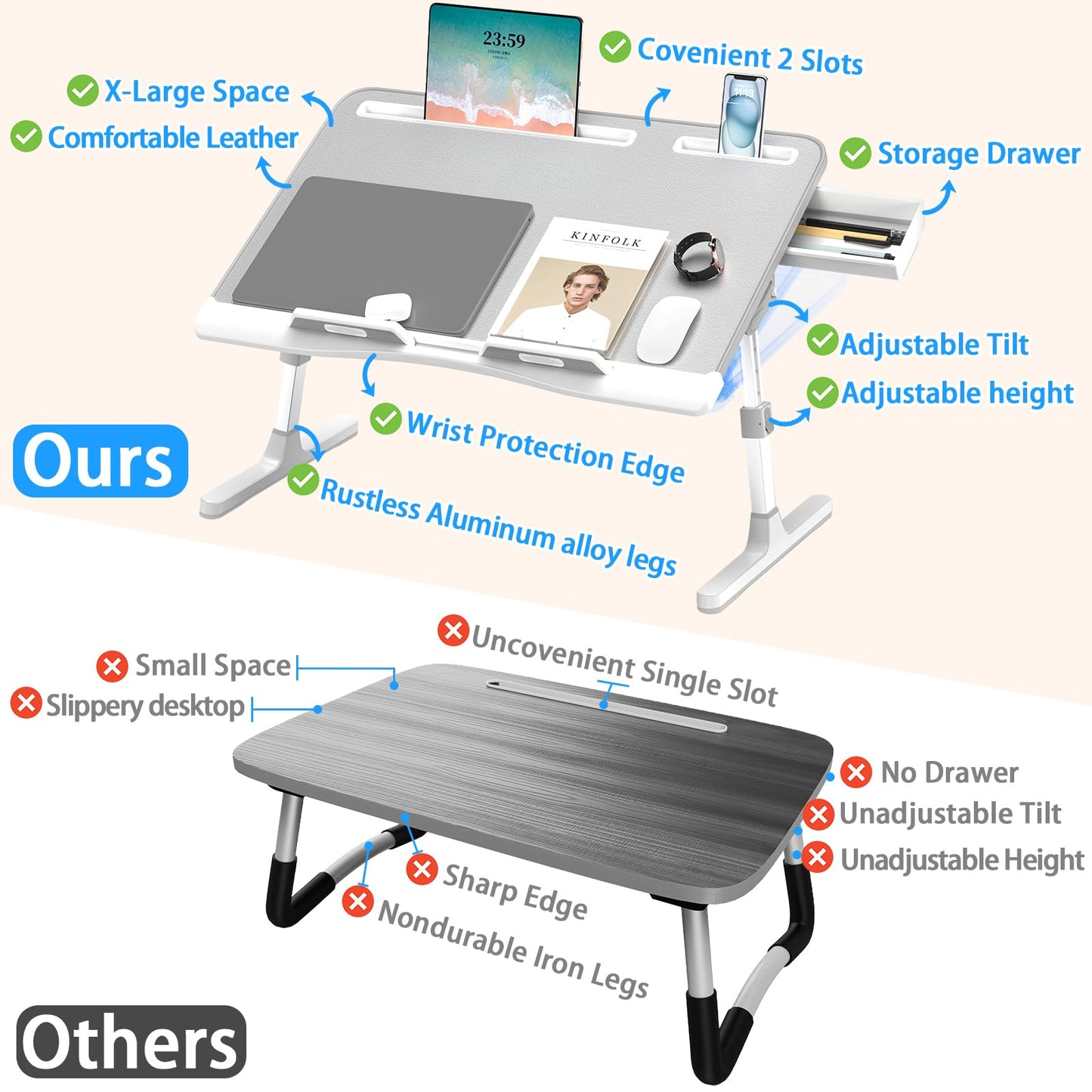 Laptop Bed Desk, Potuopy Leather Adjustable Height Angle Foldable Bed Table, X-Large Laptop Stand for Bed with Eco Wooden Board for Working Reading