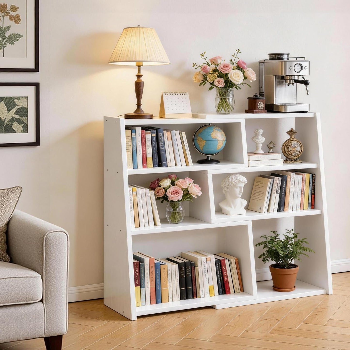 Aibiju Wooden Extendable Shelf Bookcase, Bookshelf, Storage Shelf with 6 Compartments, 3-Tier Ladder Low Short Bookshelf for Small Space or Corner