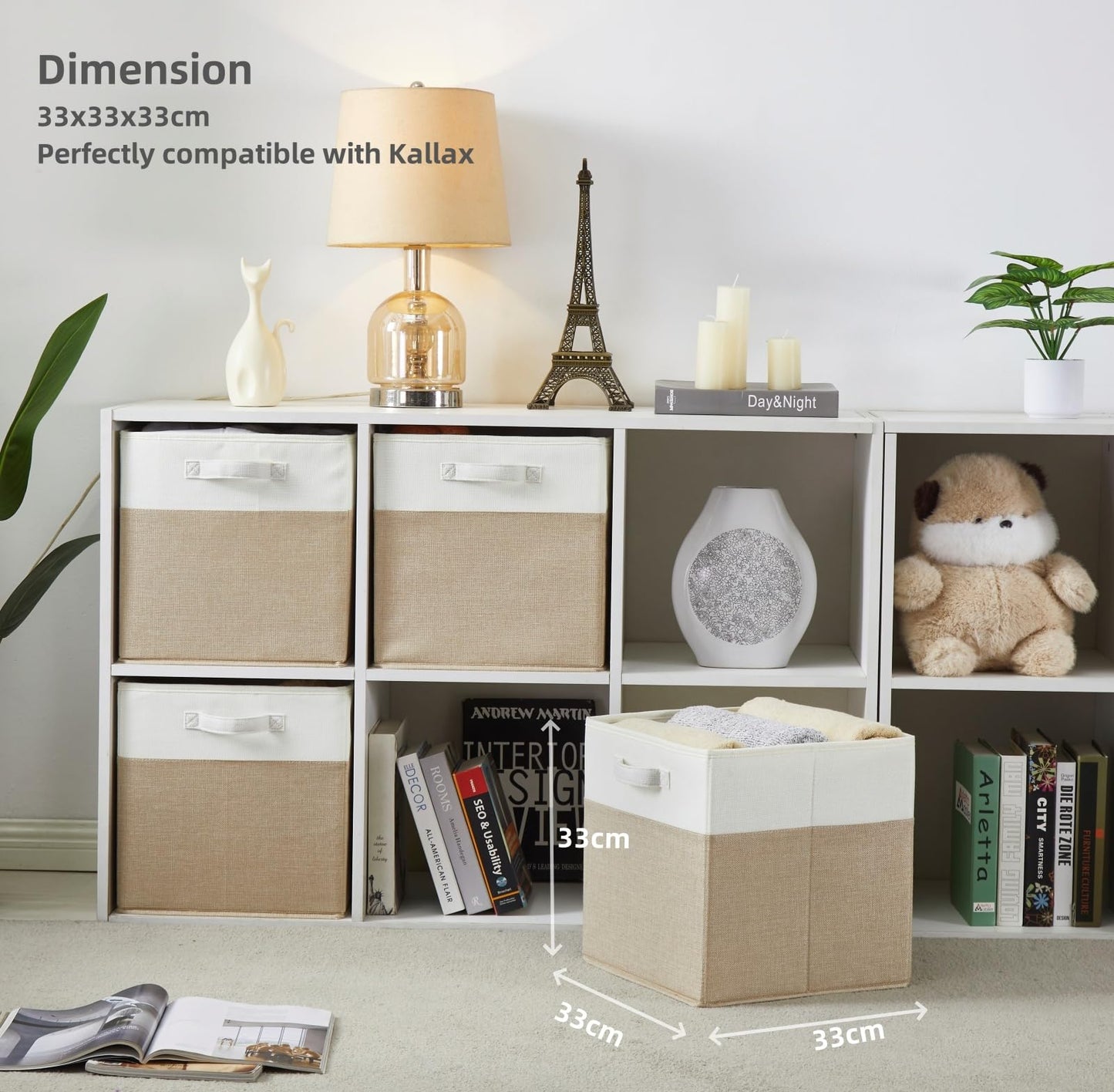 SOCOHOME Cube Storage Boxes,33x33x33cm Foldable Fabric Storage Basket for Toys Clothes Shelf Nursery Closet(Light Khaki/Creamy White, Set of 3)