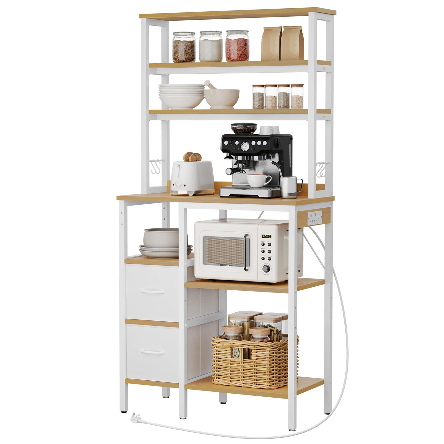YITAHOME Kitchen Storage Rack with Power Outlet, 2 AC outlets 2 USB ports, Coffee Bar, Baker's Rack with 2 Drawers and 4 Hooks, microwave shelf