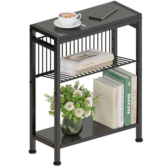 Vantimo 3-Tier Narrow Side Table with Magazine Rack & Storage, Slim Bedside Table, Multifunctional Sofa End Table for Living Room, Bedroom and Study