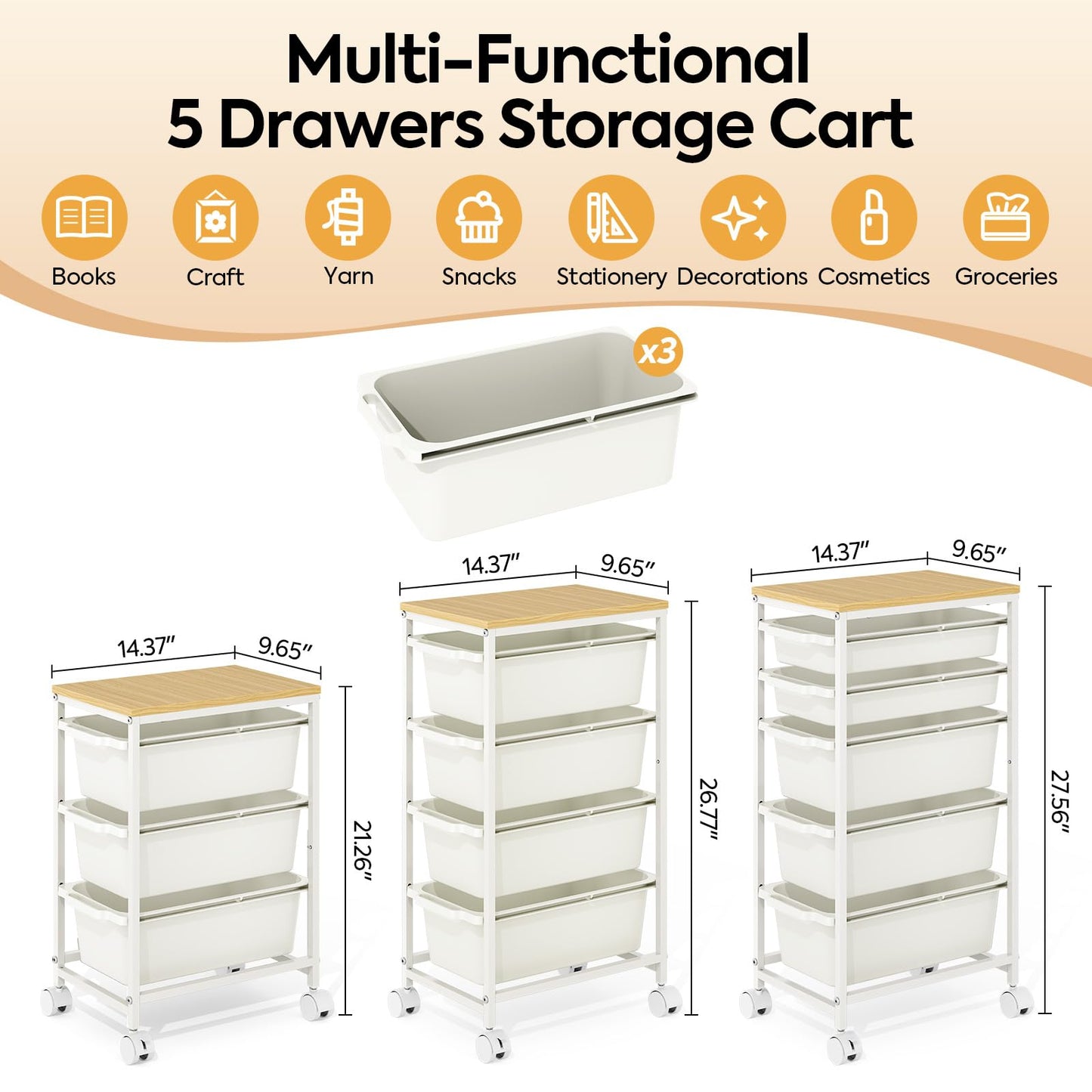 KINGBOARD 3 Drawers Storage Trolley on Wheels, White