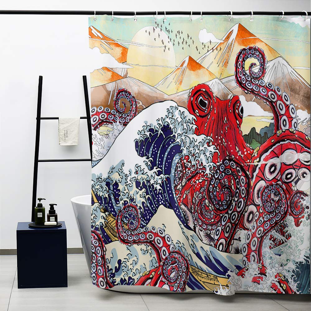 Obal Red Japanese Octopus Shower Curtain, Ukiyo-E Japanese Style Bathroom Curtains Water Resistant Mould Free Polyester Heavy Weight Bath Accessory