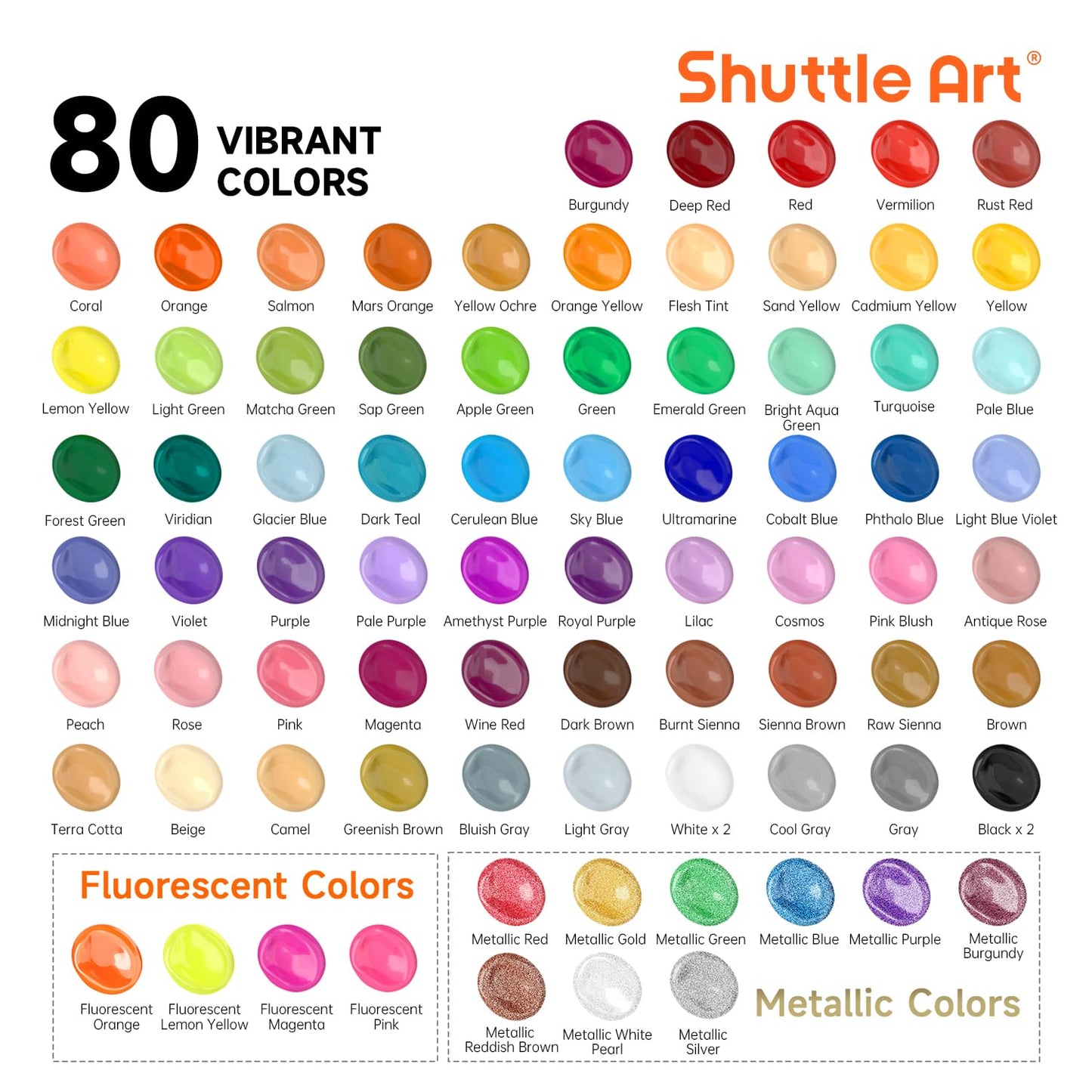 Shuttle Art 80 Pack Acrylic Paints Set, 78 Colours Acrylic Paint (2oz,60ml) with Extra White Black Piants & 12 Brushes, Rich Pigmented, Water Proof
