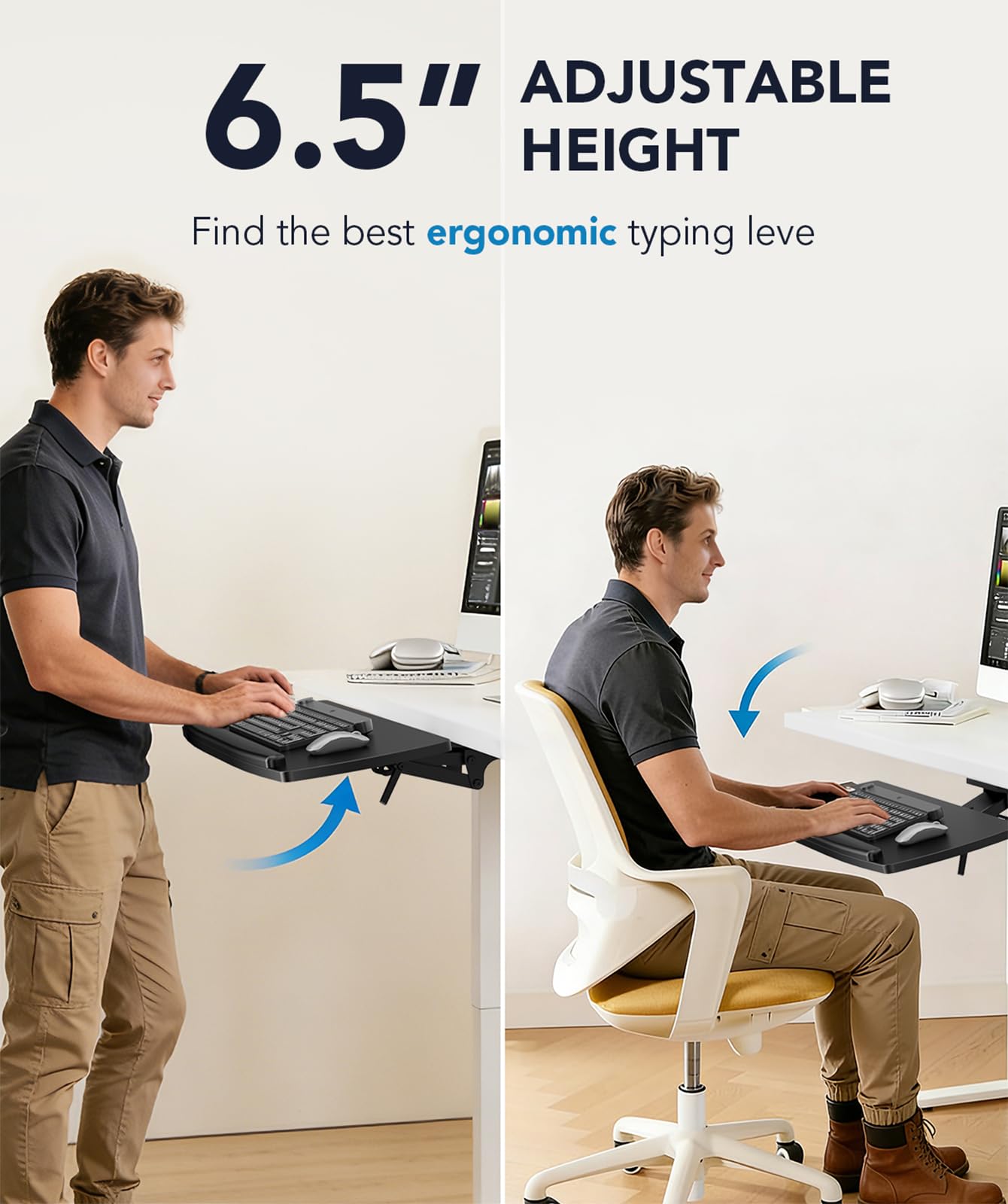 AX WABER Keyboard Tray Under Desk with Storage Drawer, Height Adjustable Keyboard Tray Slide Out 360° Swivel Tilt