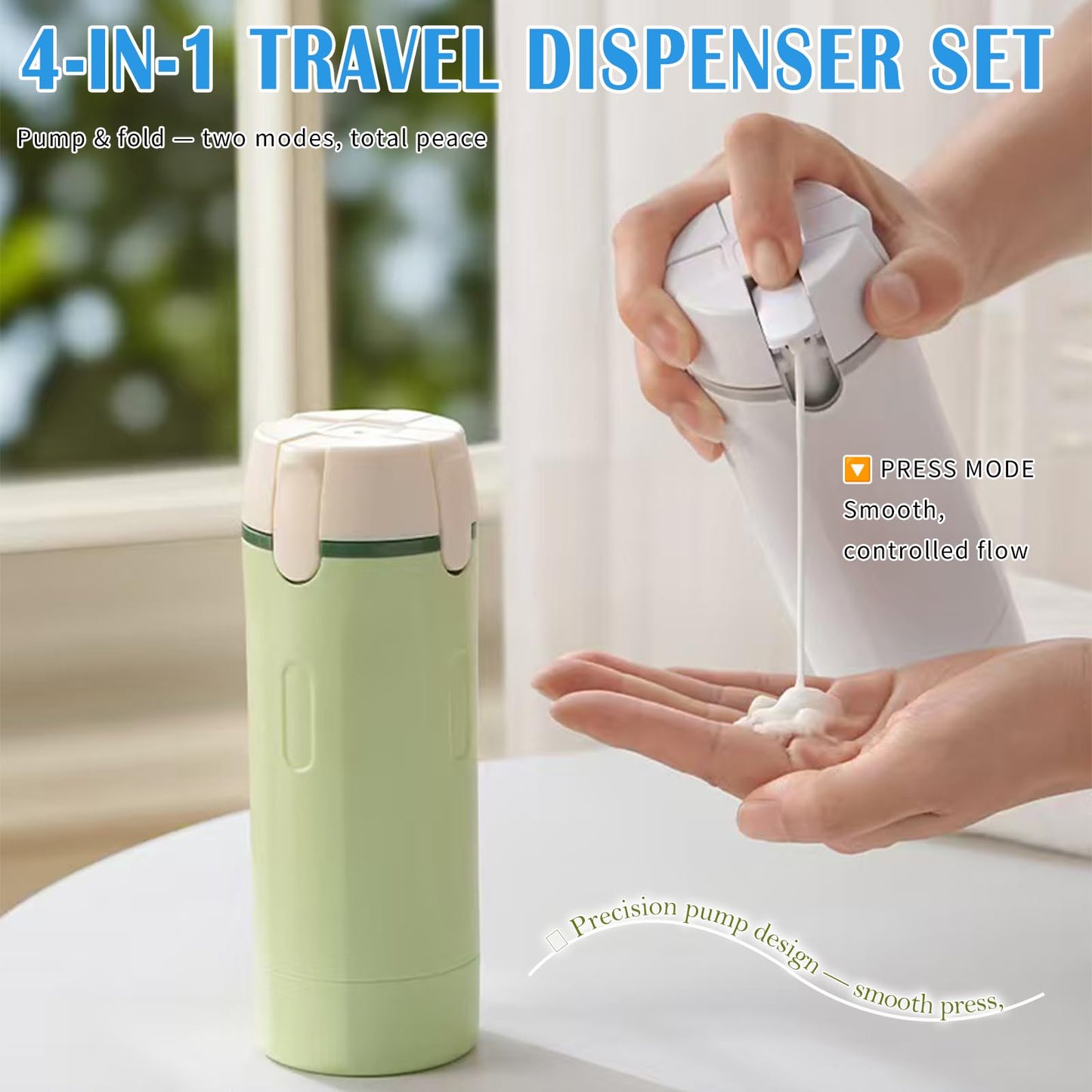 4 in 1 Travel Bottle Dispenser, 4 Pack 30ML Travel Shampoo Bottles, Leak Proof Refillable Travel Containers for Toiletries with Scale and Label