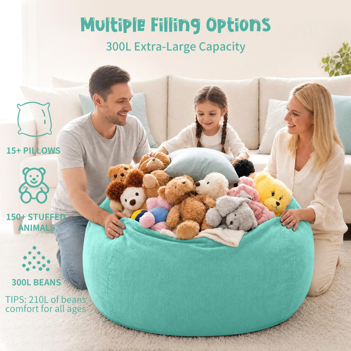 Nobildonna 3 ft Bean Bag Chair Cover No Filler for Adults and Kids 300L Extra Large Stuffed Animal Storage Bean Bag Washable Soft Premium Corduroy