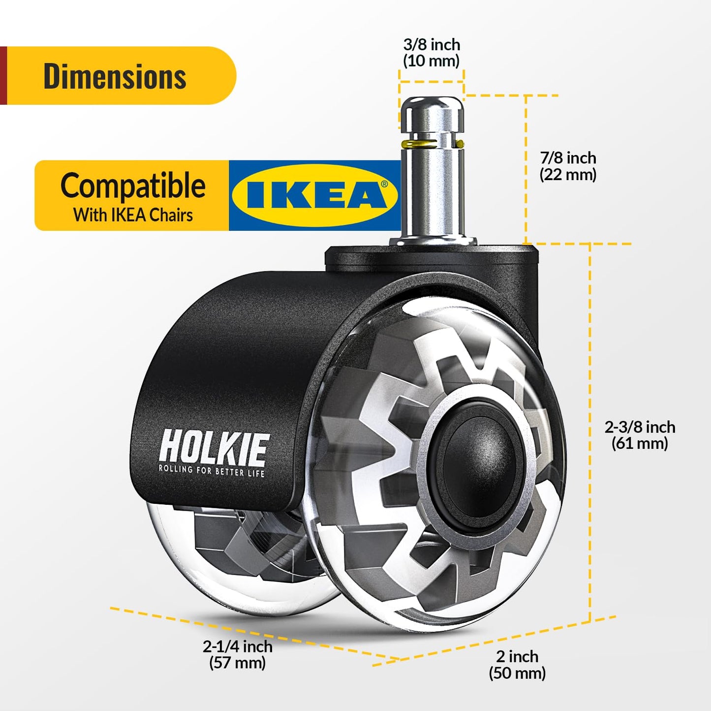 HOLKIE Office Chair Wheels 10x22mm 1KEA ONLY 2 Inch Castors Replacement, Grey Dual Rubber Smooth & Silent Desk Chair Casters Wheels-Set of 5 For