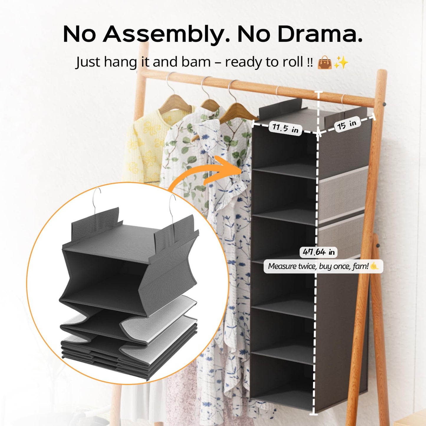 Extra Deep Hanging Storage with 6 Shelves and Large Mesh Pockets, Durable, Heavy-Duty Wardrobe Storage Organiser