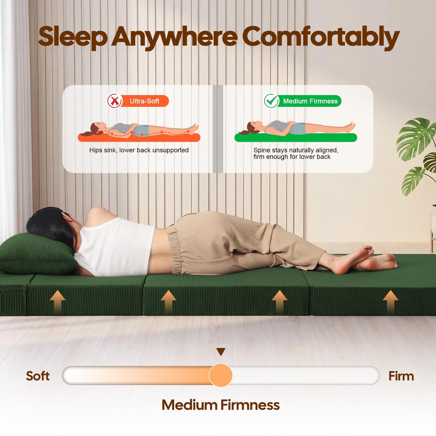 MeMoreCool Single Folding Sofa Bed, Convertible Boneless Couch, Green