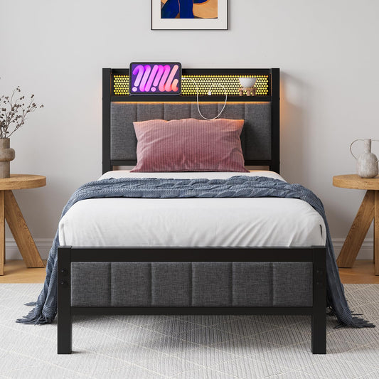 BORPHOM Single Bed Frames with Storage Headboard and Charging Station/LED Lights,Heavy Duty Metal Bed Frame Single No Box Spring Needed,Solid Bedstead