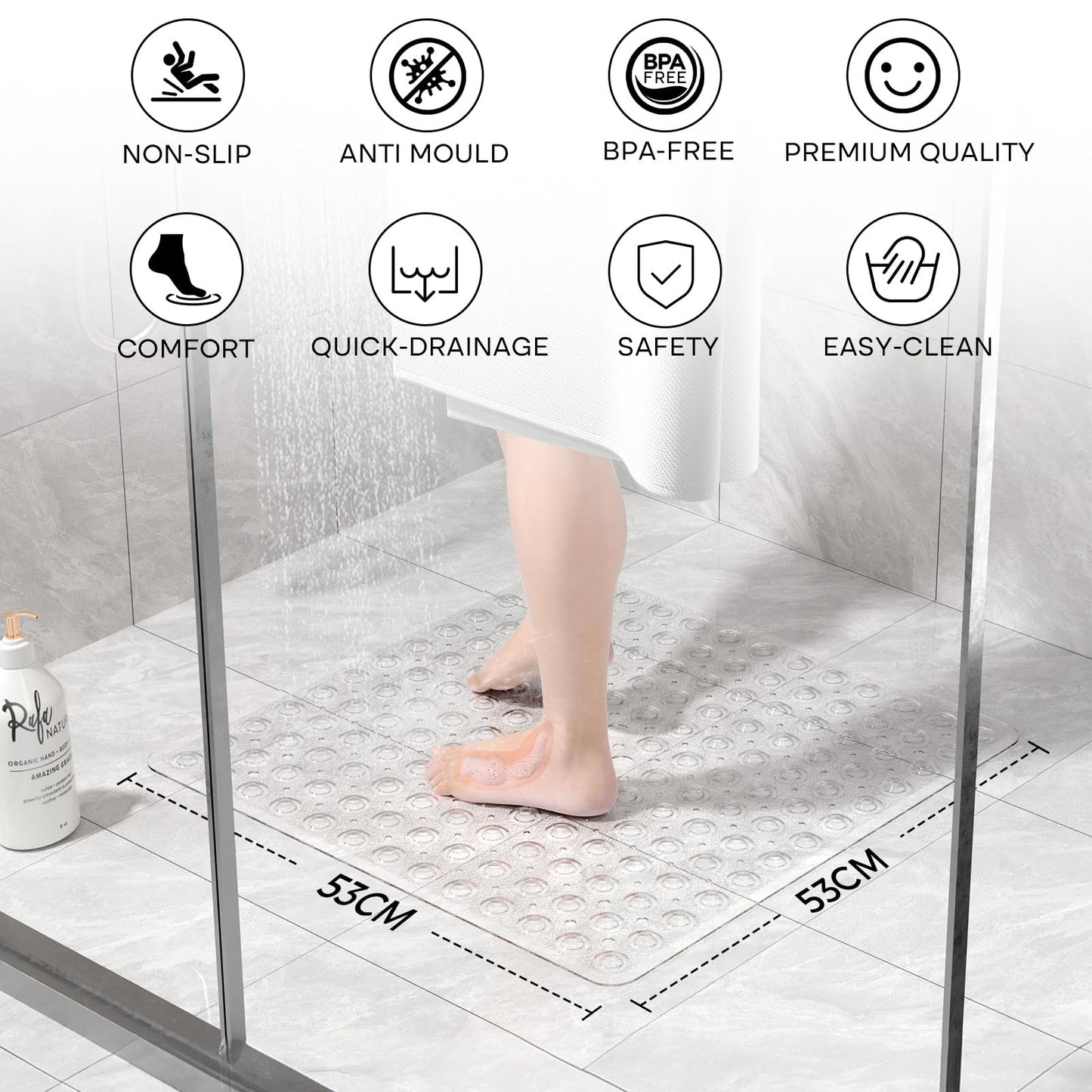 XIYUNTE Shower Mat Non Slip Anti Mould - 53 x 53cm Square Bath Mat Non Slip Shower Mats for Inside Shower