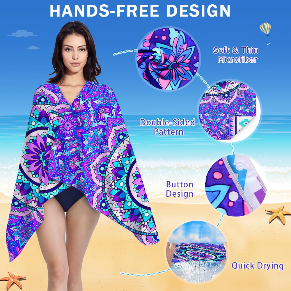 COYBTO Microfibre Beach Towel, 180x90CM Double Sided Quick Dry Beach Towels for Adults, Large Bath Towels with Button, Sandproof, Lightweight