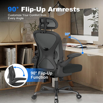 Keratee Ergonomic Office Chair with Adjustable Lumbar Support and Headrest, 136 KG Swivel Desk Chair with Flip-Up Arms