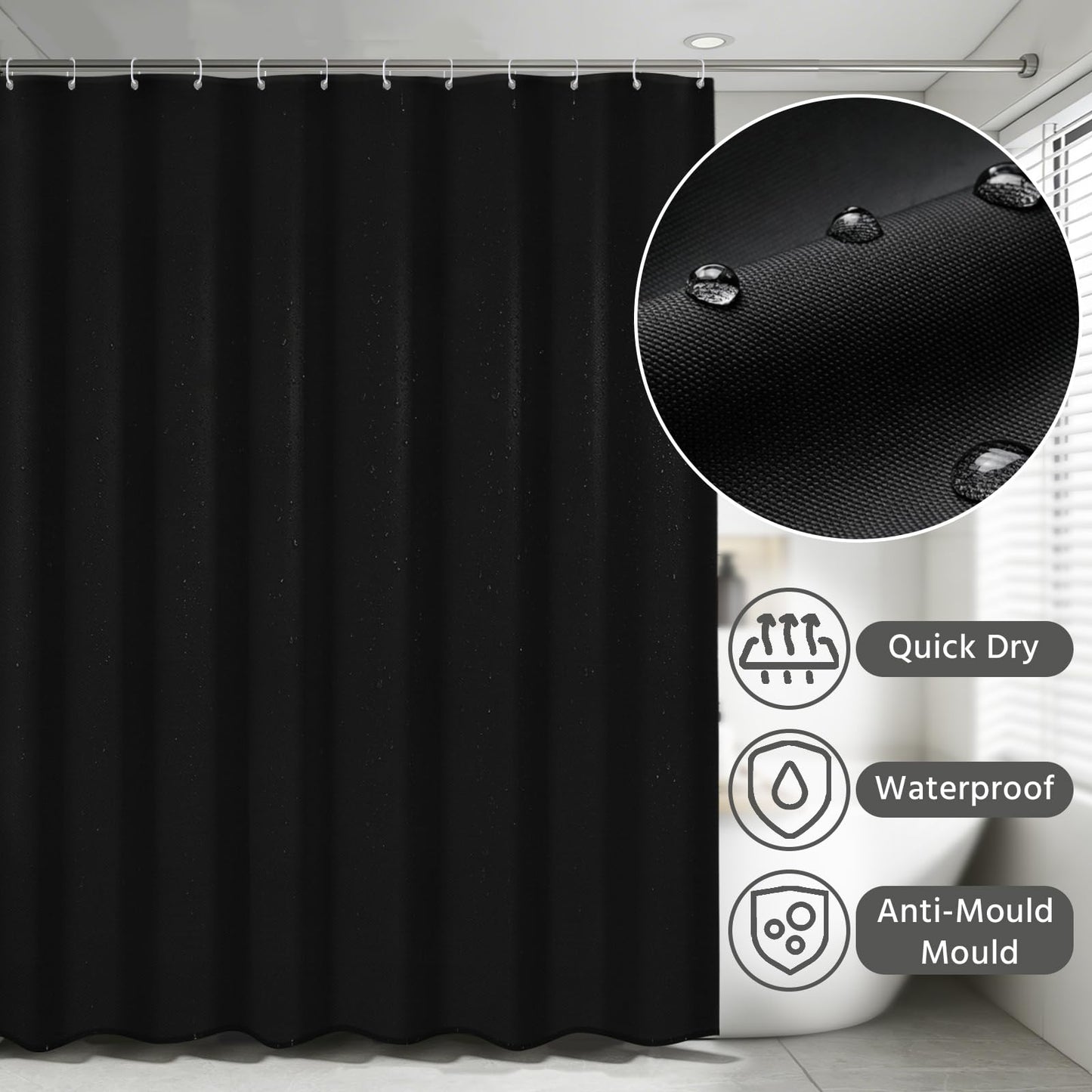 FAVORTALK Black Shower Curtains Waterproof Polyester Fabric Shower Curtain Mould Proof Mildew Resistant 180x180cm Solid Bathroom Curtain Set with 12