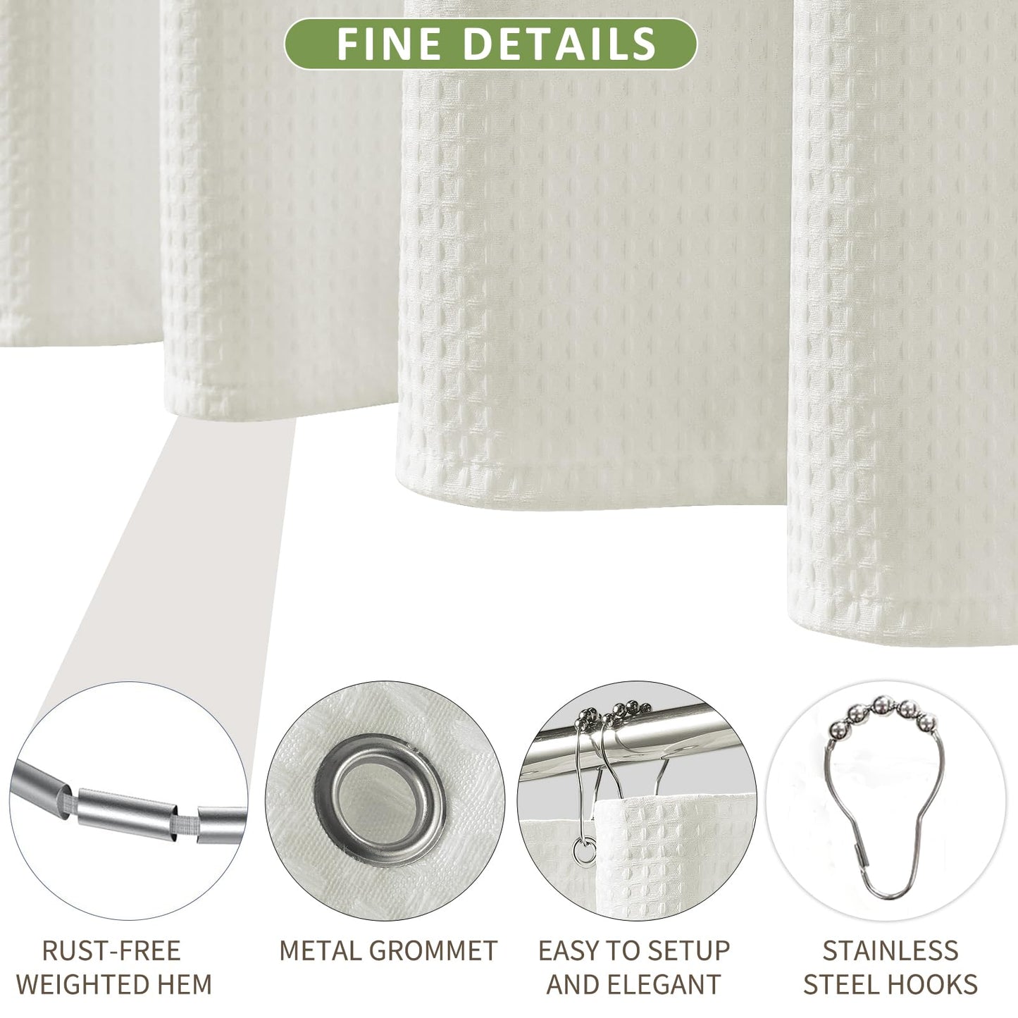 FY&XZH Heavy-Duty Waffle Weave Shower Curtain with Stainless Steel Hooks, Thick Fabric for Bathroom, Hotel, Spa & Salon-183 x 214cm (Beige)