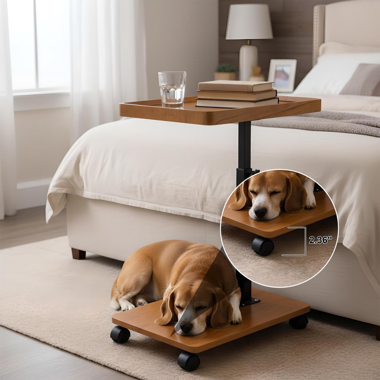 YYW C Shaped Side Table, Height Adjustable Bedside Table with Wheels, 360°Swivel Sofa End Tables, Wooden Coffee End Table for Living Room Bedroom