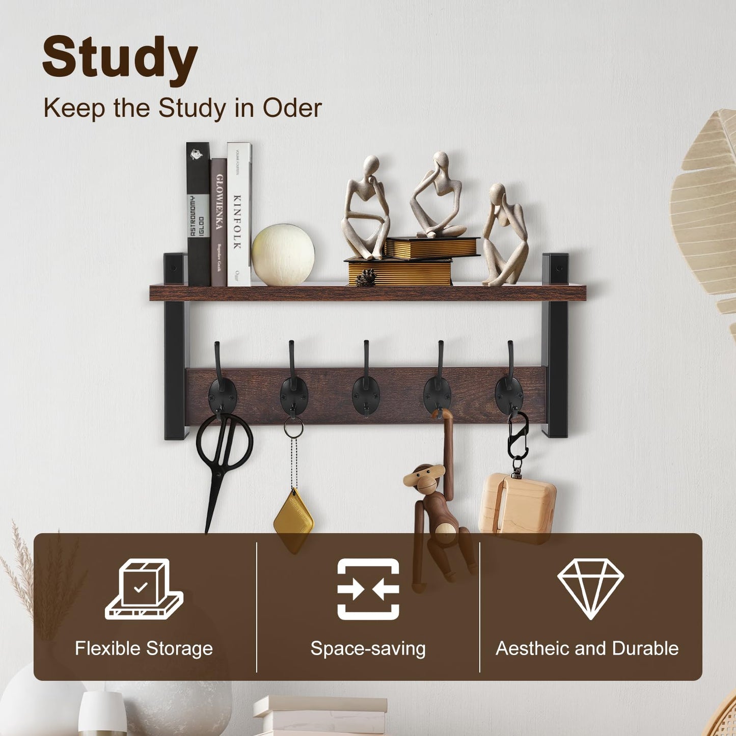 Coat Rack Wall Mounted - Coat Hooks Wall Mounted with 5 Coat Hooks Removable Floating Shelf for Kitchen, Bedroom, Bathroom, Rustic Brown