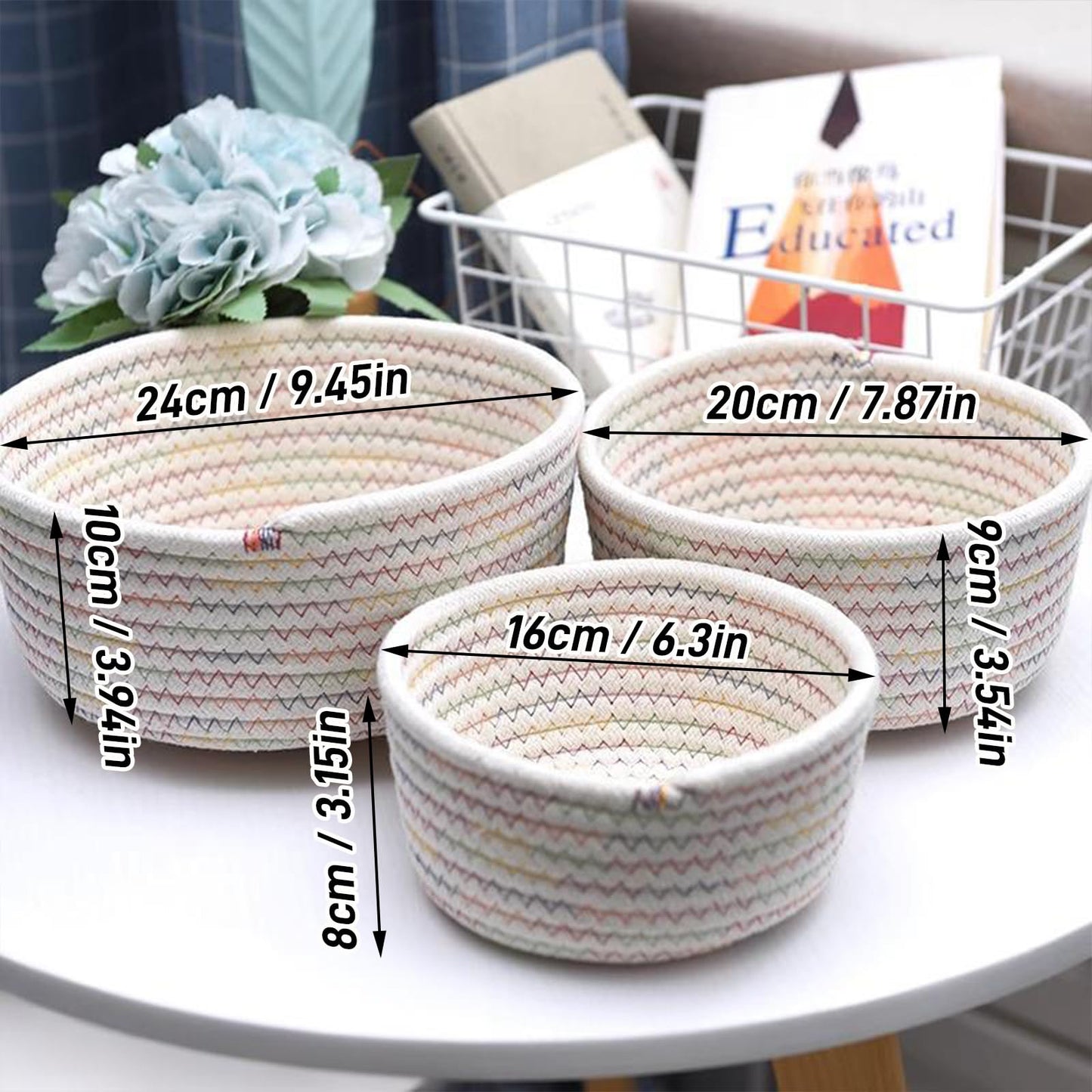 Lxoraziy Shelf Storage Baskets, Pack of 3 Cotton Rope Woven Bathroom Storage Basket, Stackable Set For Living Room, Bedroom, Office