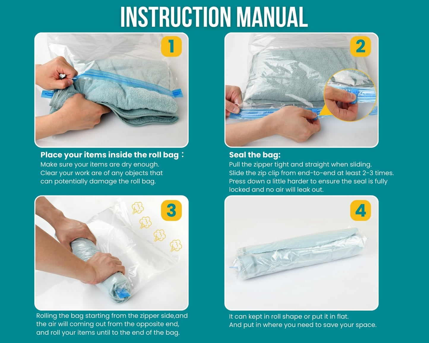 ds. distinctive style Compression Bags Vacuum Storage Bags Hand Rolled Storage Vacuum Seal Bags for Clothing Space Saver Bags 6 Pack