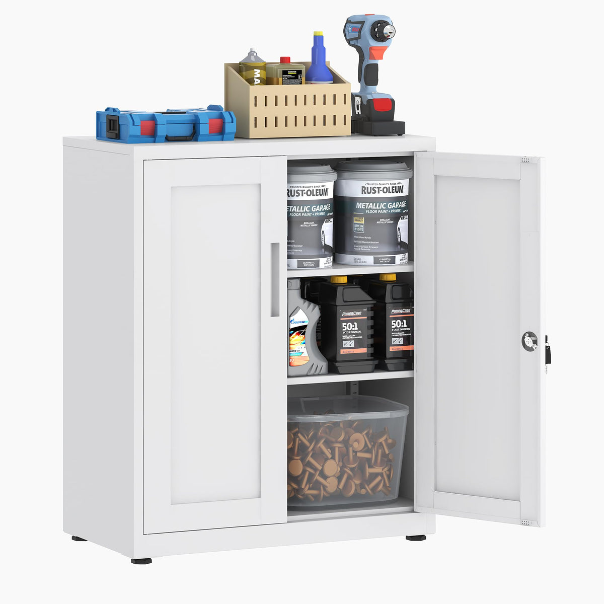 HOMSTEEL Storage Cabinet, Metal Locking Garage Cabinet, Office Cabinet with Adjustable Shelves, Cupboards for Office, Garage and Utility Room
