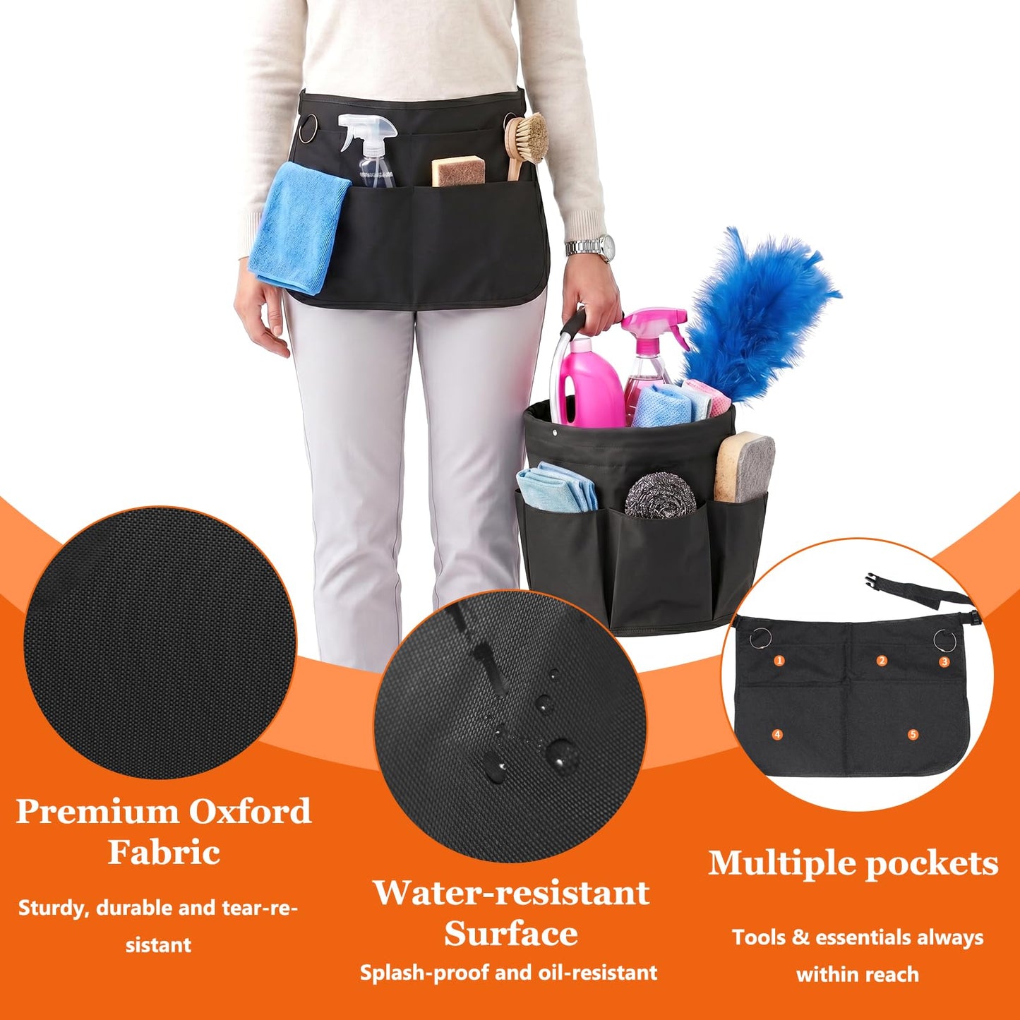 IHOMAGIC Professional Cleaning Supplies Organiser Set, 17L Collapsible Cleaning Caddy with 6 Pockets & Multi-Pocket Housekeeping Apron for Home