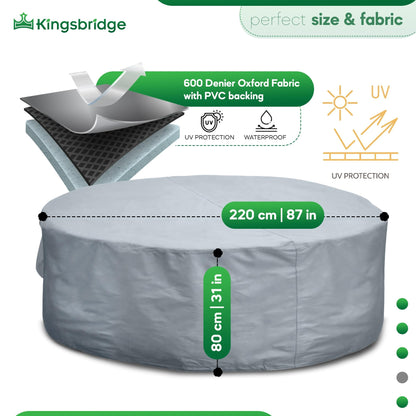 Kingsbridge Grey Heavy Duty 600D Waterproof Round Patio Table Cover 220cm, Anti UV, Breathable, Double Stitching, 220x80cm