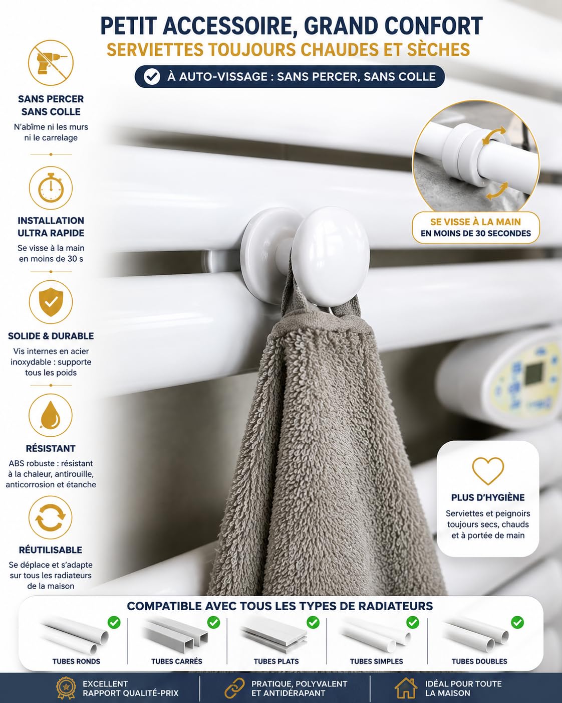 Set of 2 White Towel Rail Hooks for Radiator Towel Dryer - Pair of Hooks (White)
