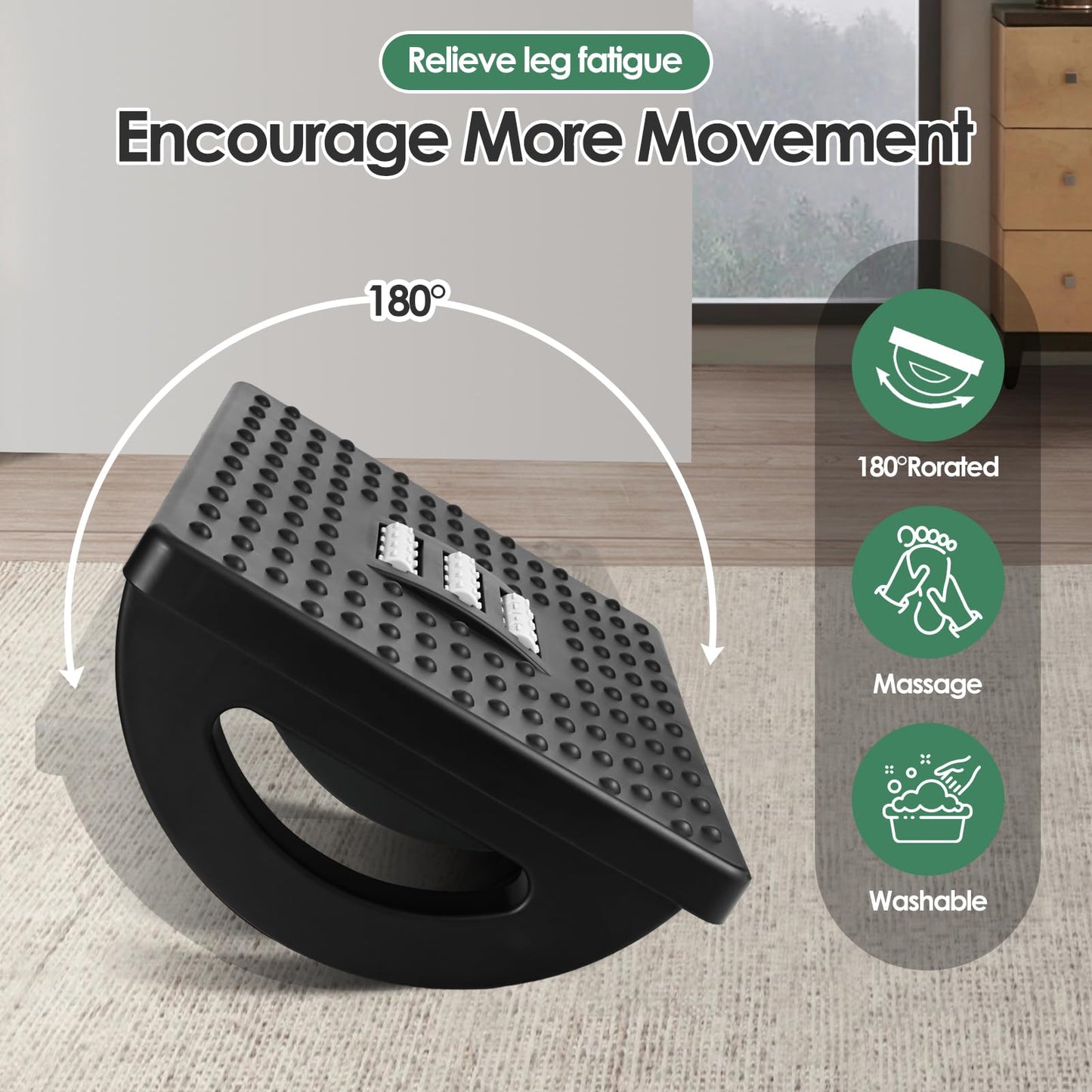 Under Desk Footrest, Swinging Footboard, Ergonomic Round Plastic Ottoman with Roller Massager to Improve Posture and Relieve Leg, Knee and Back Pain