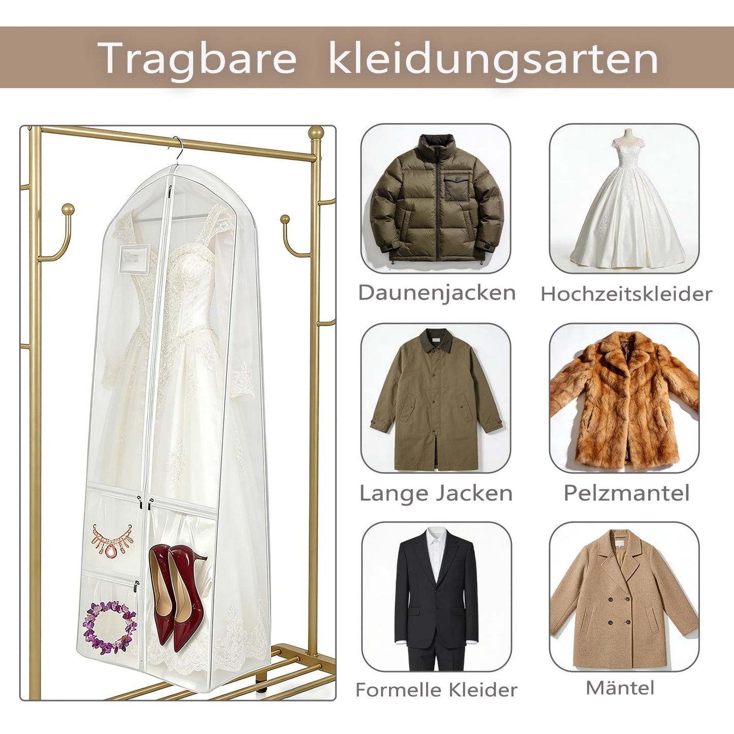 70" Wedding Dress Bag,Garment Bag Cover with 4 Pockets,Long Dress Bags for Travel Dress Cover,Hanging Storage Zip Dress Bag for Prom Dress,Bridesmaid