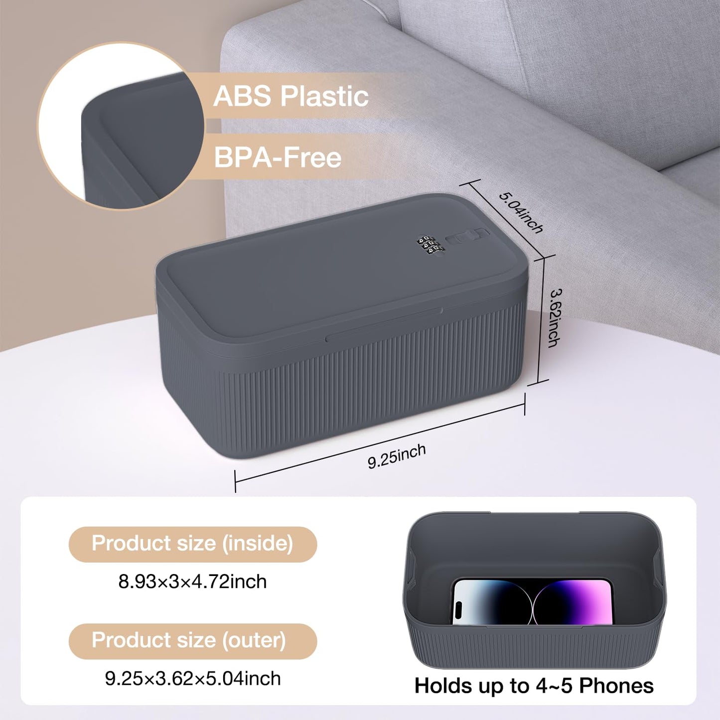 JOSTART Small Lockable Storage Box with Combination Code Portable Lockable Medicine Box BPA-Free Phone Safe for Home Refrigerator Office Travel (Gray)