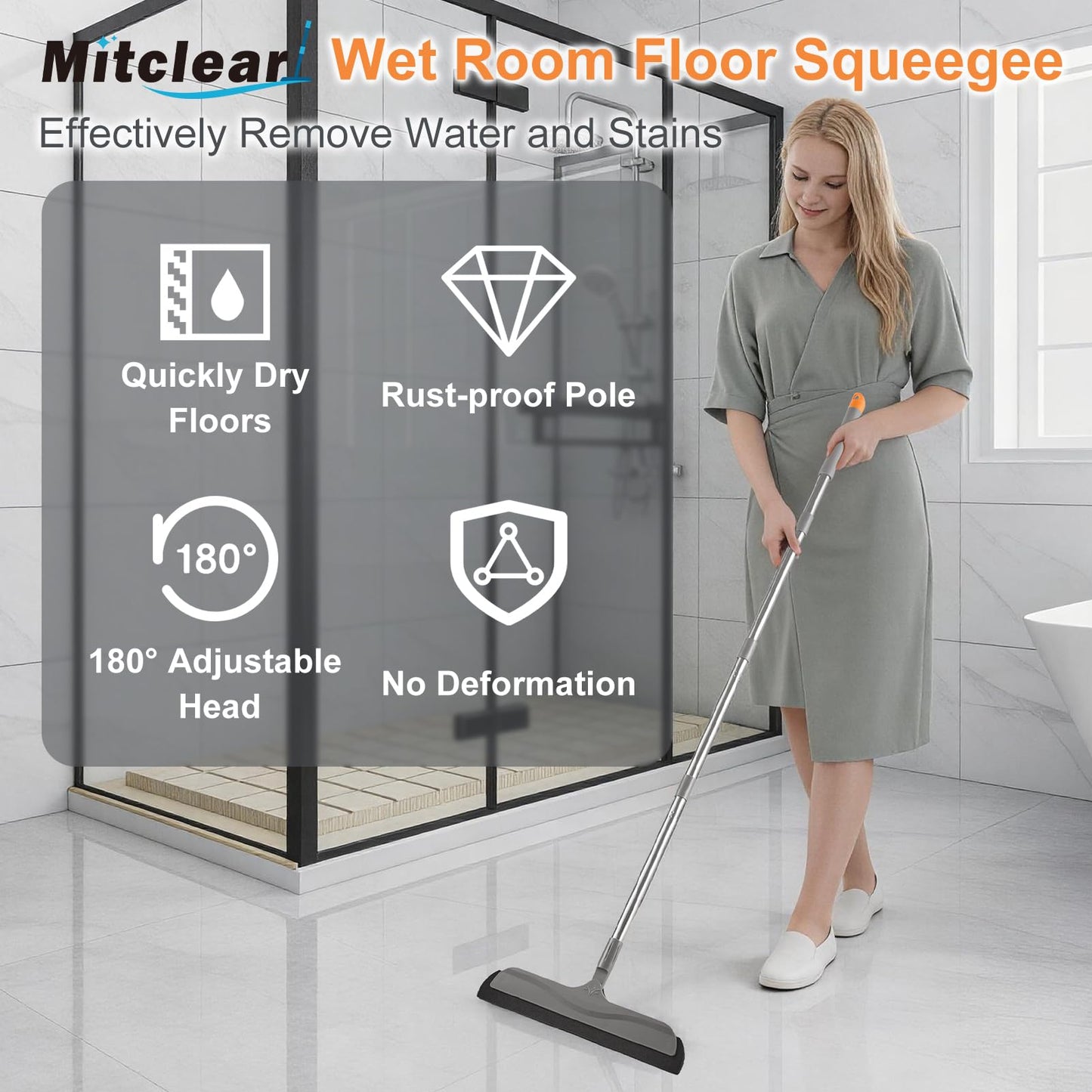 Mitclear Floor Squeegee Mop for Wet Room, Shower Sweeper Long Handle 50IN