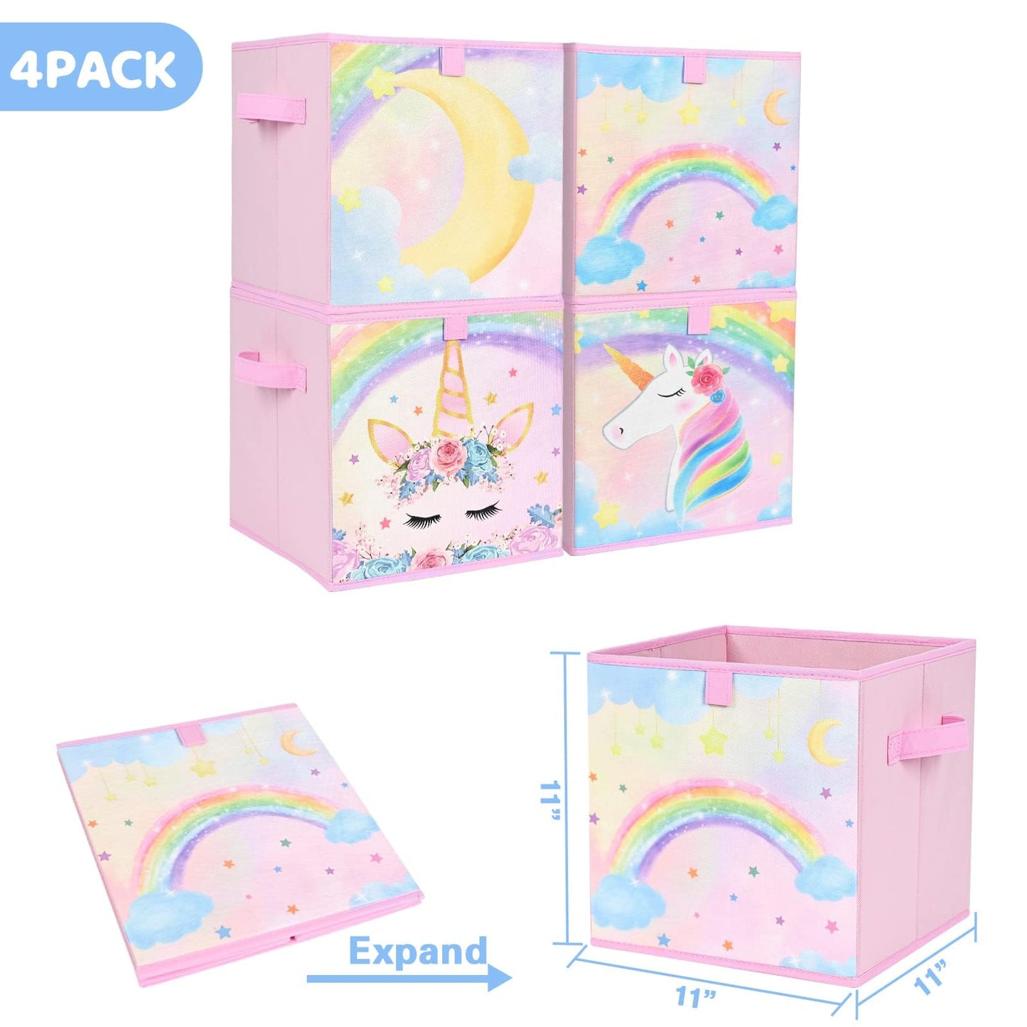 WERNNSAI Unicorn-Themed Storage Bins, Pink, Fabric & Cardboard, 11" x 11" x 11", 4 Pack