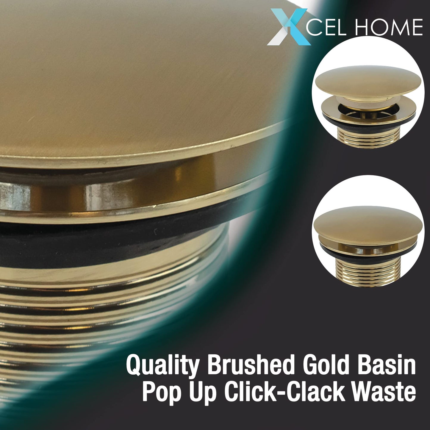 Xcel Home Brushed Gold Unslotted Click Clack Basin Waste | DIY Replacement Round Dome Shaped Brass Pop-Up Sink Plug for Bathroom Sinks & Basins