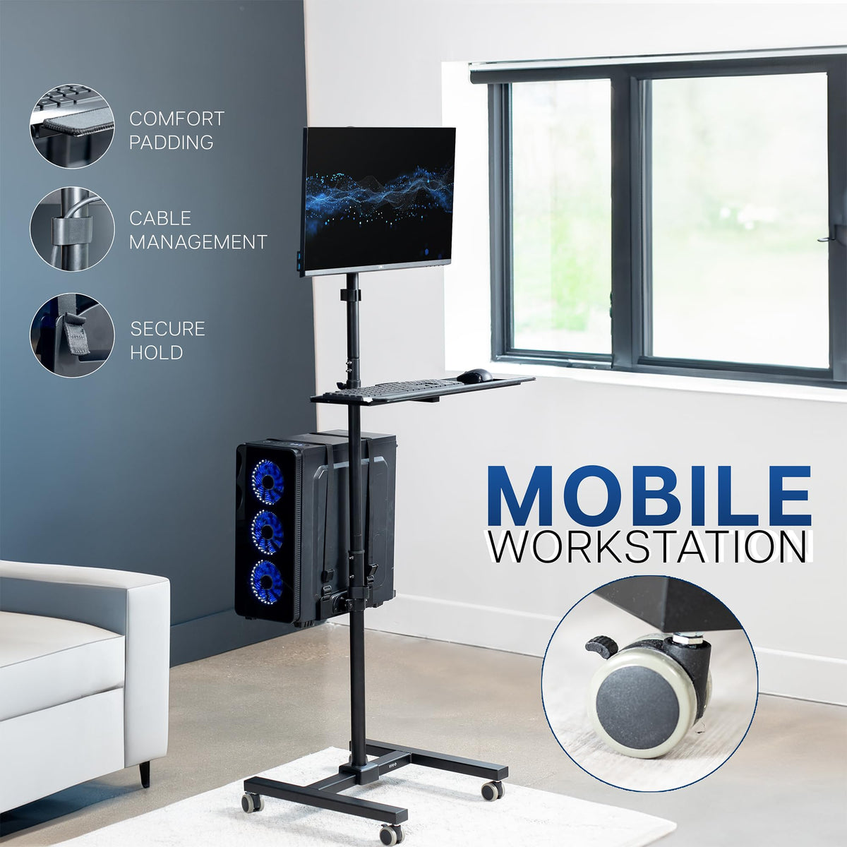 VIVO Black Computer Mobile Cart Rolling Stand | Adjustable Monitor Mount 32" Case Holder & Keyboard Tray Moving Workstation CART-PC02T