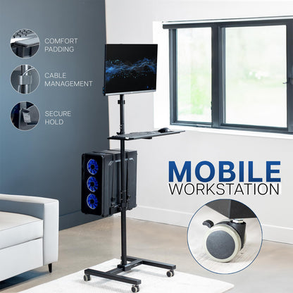 VIVO Black Computer Mobile Cart Rolling Stand | Adjustable Monitor Mount 32" Case Holder & Keyboard Tray Moving Workstation CART-PC02T