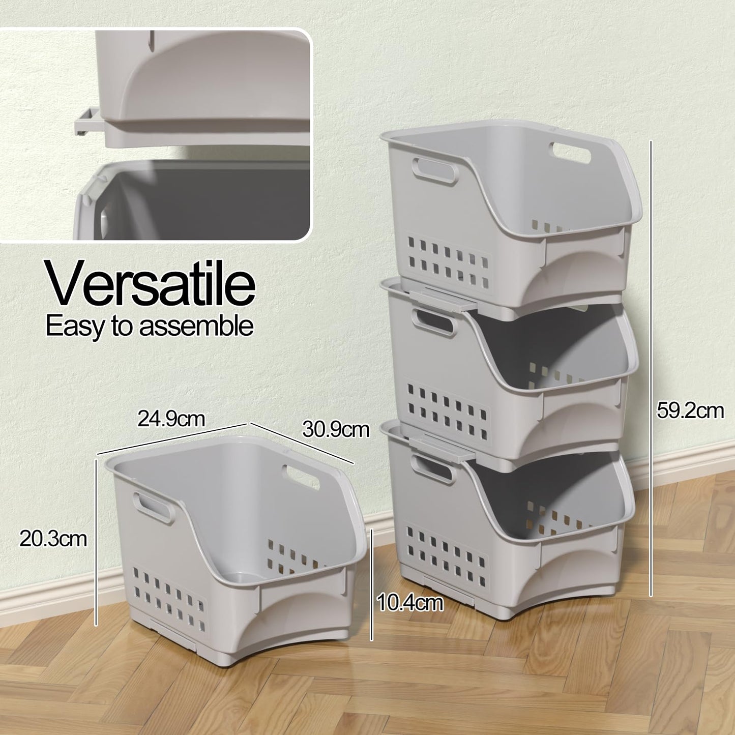 Vareone 3 Pack Open Front Storage Baskets, Plastic Kitchen Stacking Baskets for Organizing Fruits Vegetables Condiments, Gray