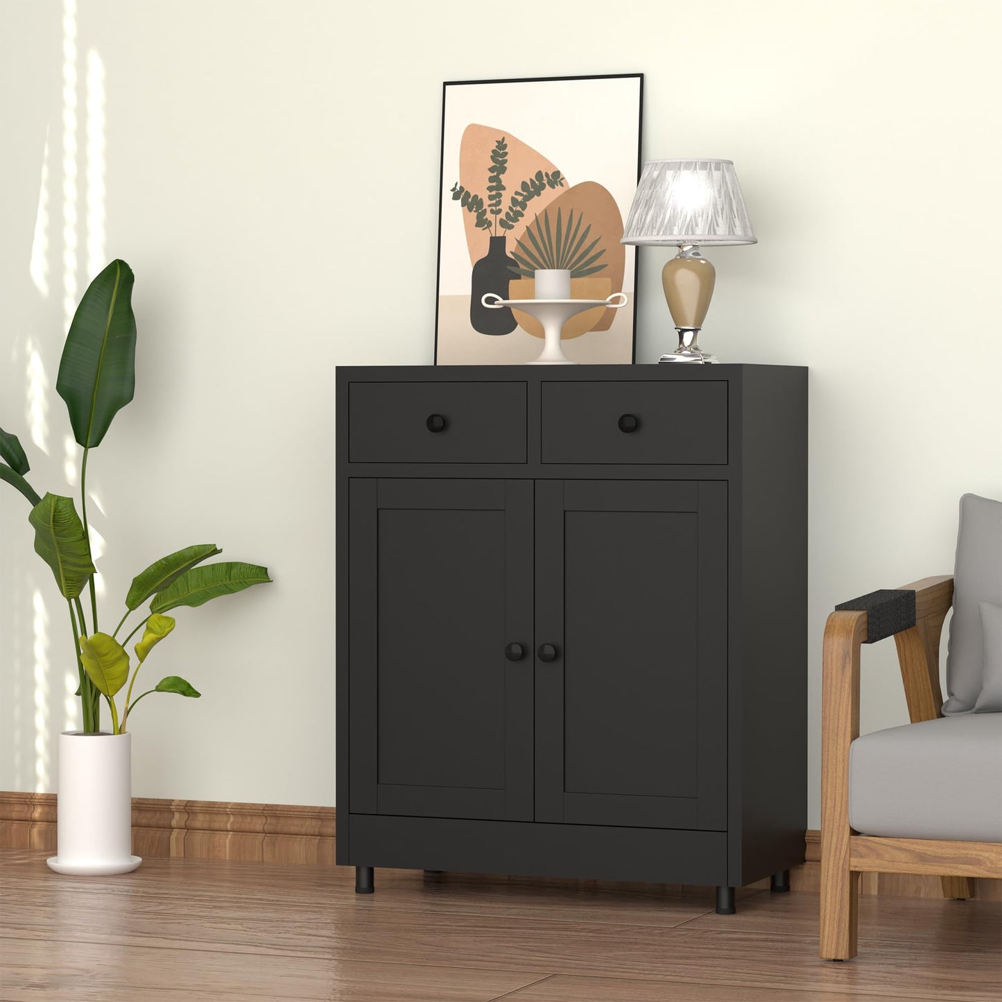 JINKUR Metal Storage Cupboard with 2 Drawers and Adjustable Shelf, Sideboard Buffet Cabinet for Home, Office, Hallway, Entryway, Living Room