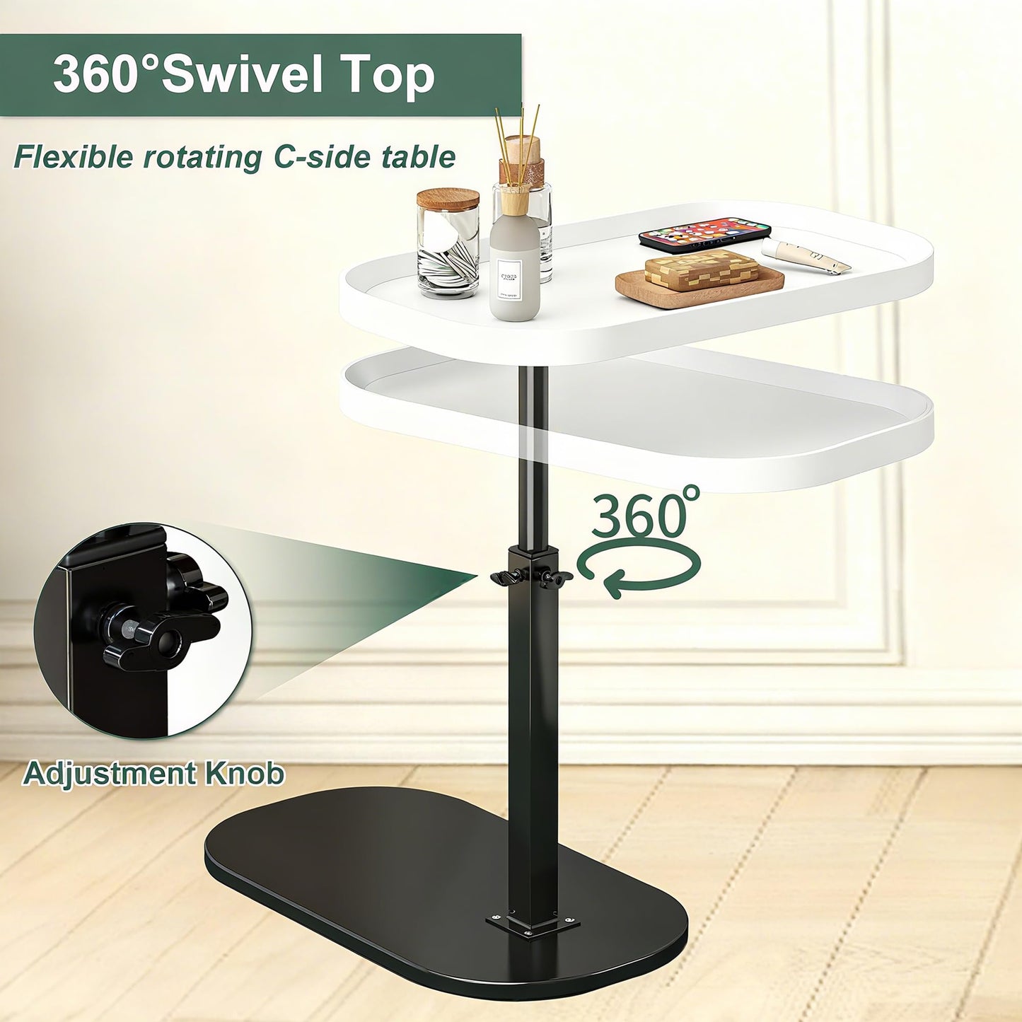 Adjustable Height C Shaped Side Table, Lift up Laptop Tv Tray for Sofa and Bedside, 360°Swivel Small Coffee C Table, Modern Under Sofa Table