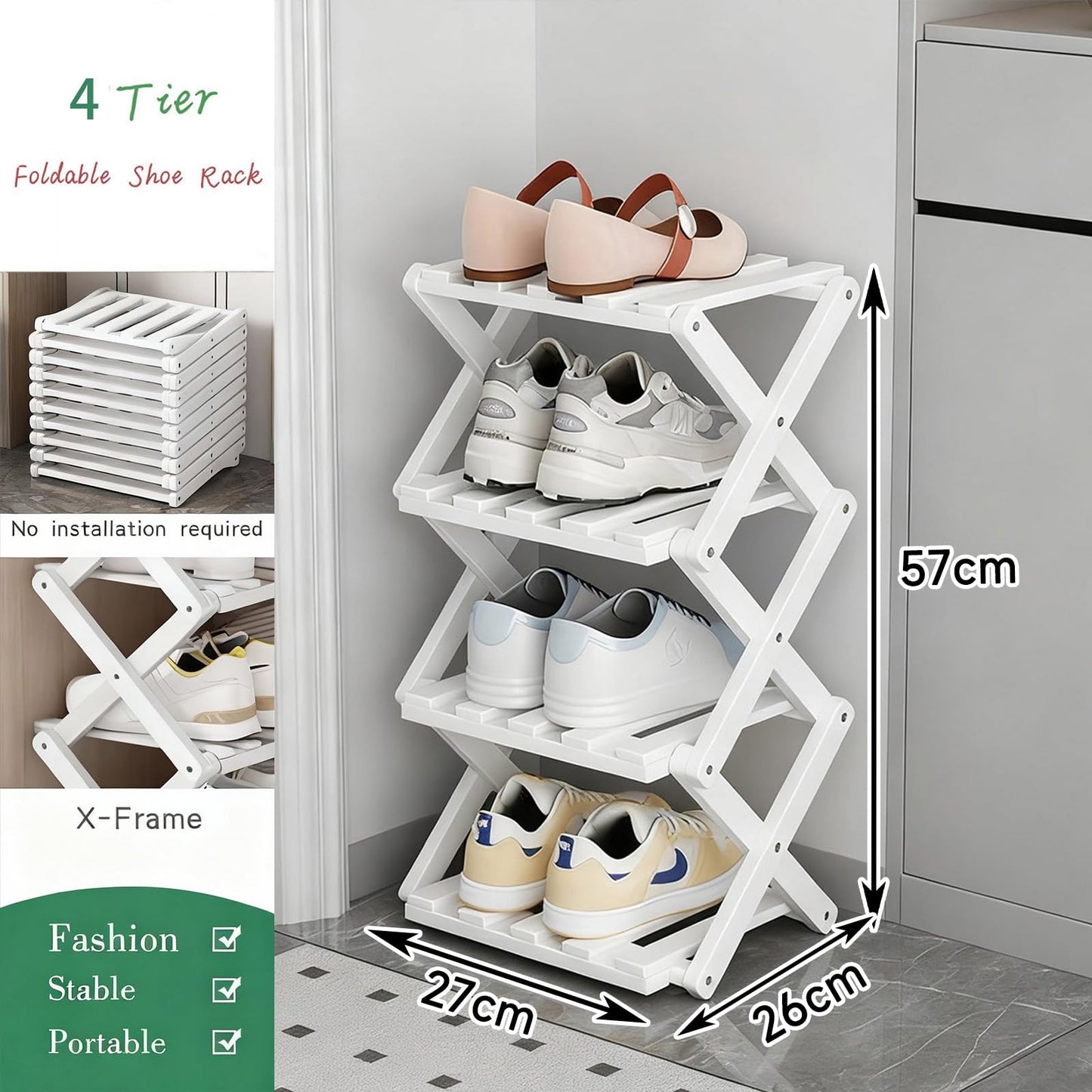 GIRYES Small Shoe Rack White, 4 Tier Bamboo Foldable Shoes Organizer Free Standing Shelf for Entryway, Bedrooms, Closet, Living Room Corner
