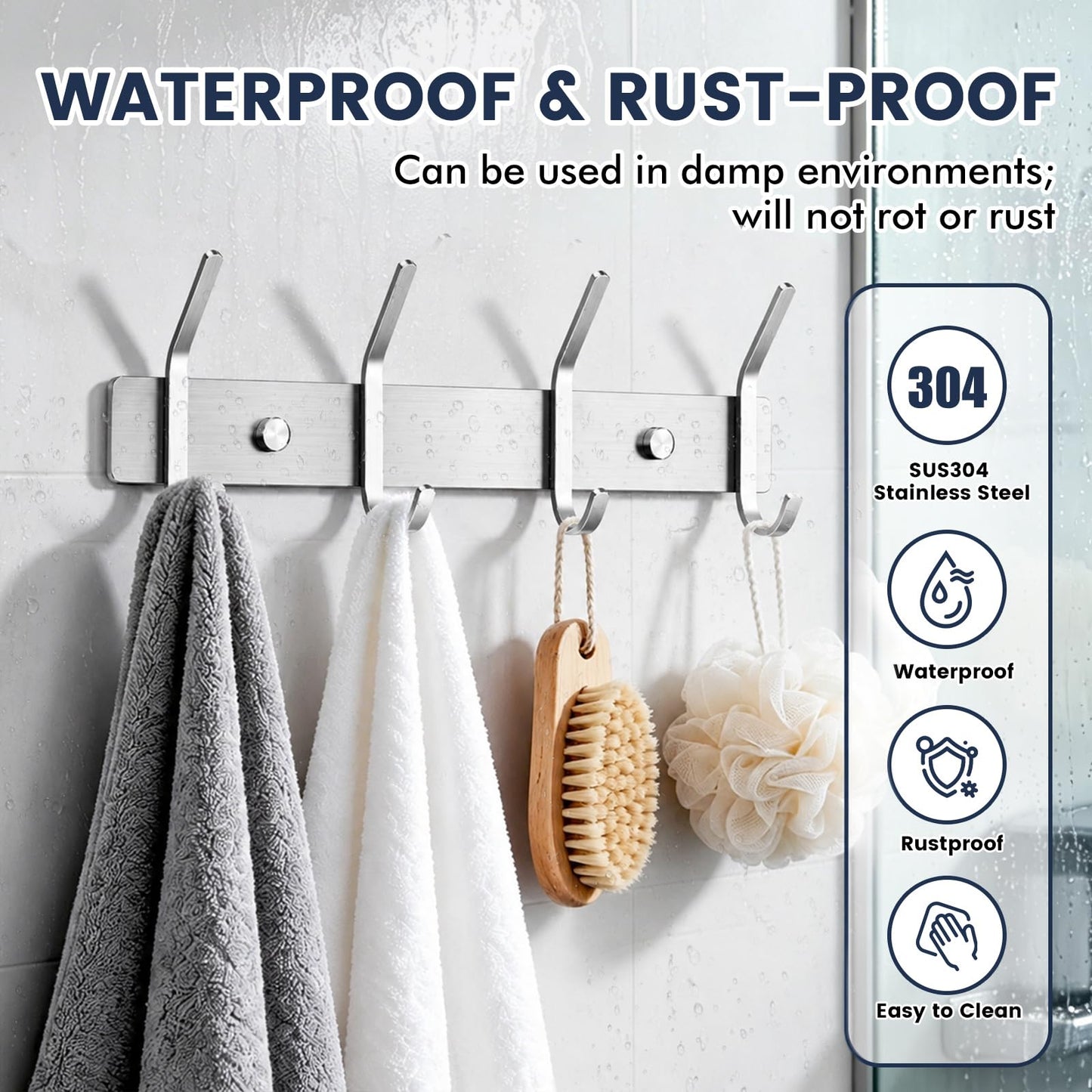 TINIFO Coat Hooks Wall Mounted - Stainless Steel Coat Rack 4 Hook (2 Pack), Silver