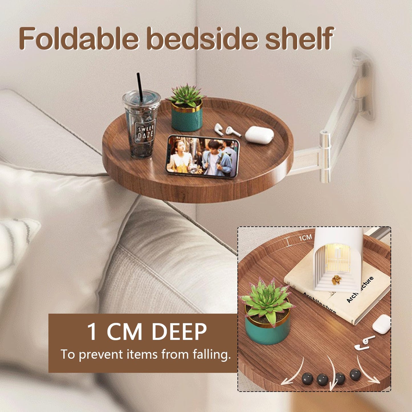 Ysislybin Round Wall-Mounted Folding Table, 720° Freely Adjustable Foldable Wall Desk Foldable Wall Bedside Table Space-Saving For Bedroom Living