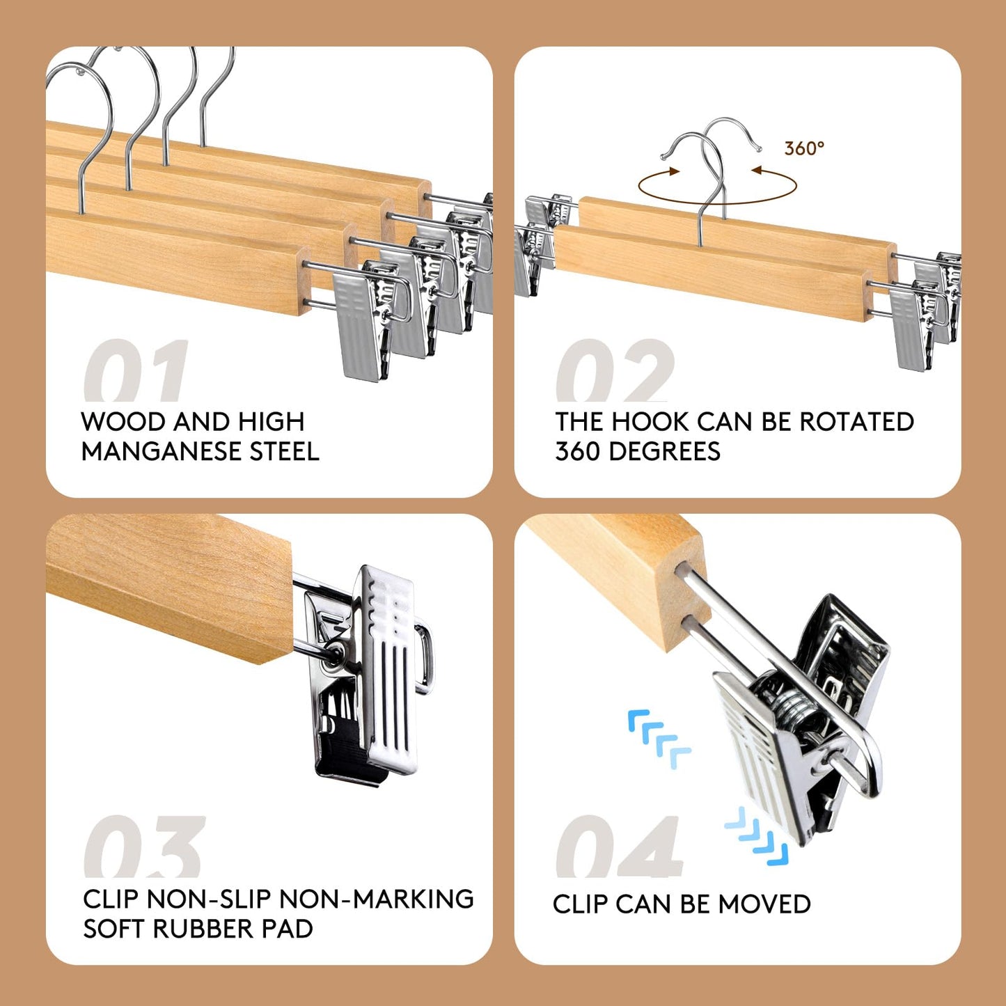 10Pack Wooden Trouser Hangers with Clips, 35cm Skirt Coat Hangers,Clothes Hangers for Shorts,Pants,Kilt,Jeans,Heavy Duty,Adjustable,Adult,360° Swivel