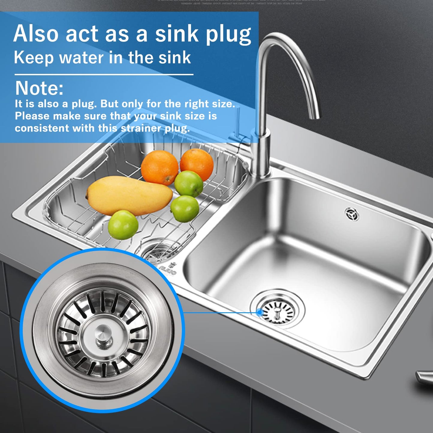 78mm Kitchen Sink Bowl Strainer and Plug, Stainless Steel Sink Plug for Kitchen Bowl Use, Kitchen Bathroom Food Hair Catcher Filter Stopper