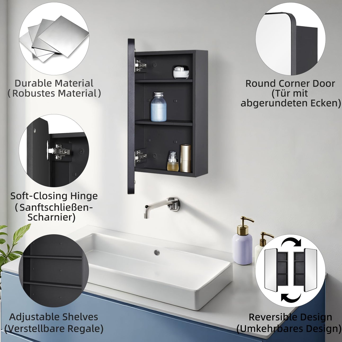 Fundin Bathroom Mirror Cabinet with Storage – Metal Framed Round Corner Door, Adjustable Shelves, Matte Black, Surface Mount Wall Mounted - 30 x 55 cm