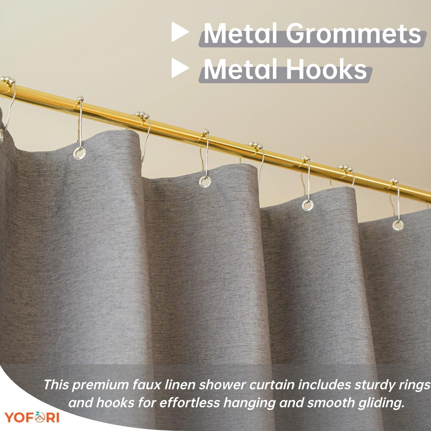 Yofori Grey Shower Curtain for Bathroom, Fabric Shower Curtains Faux Linen Polyester Wet Room Shower Curtains Sets with Metal Hooks, 183x183cm