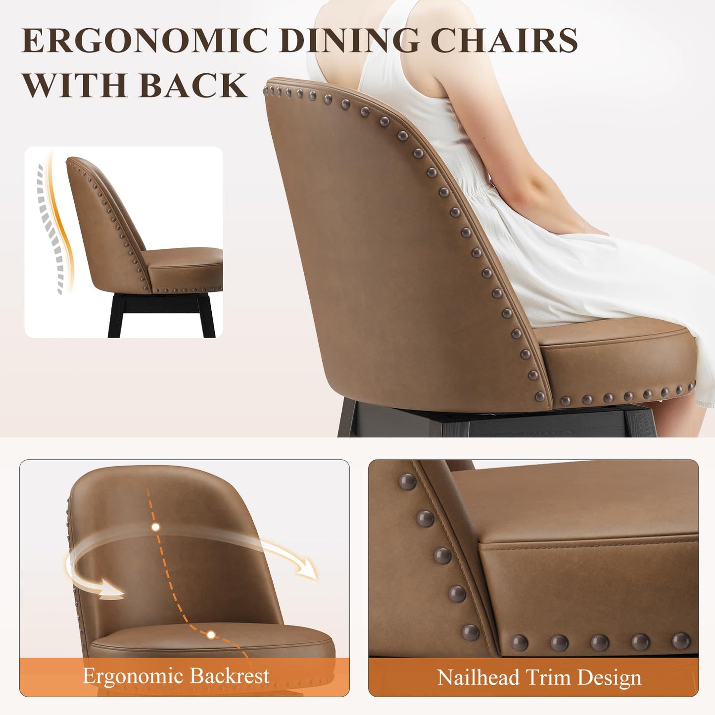 Bar Stools Set of 4, 360° Swivel Counter Stools with Upholstered Seat, Wooden Frame & Nailhead Trim