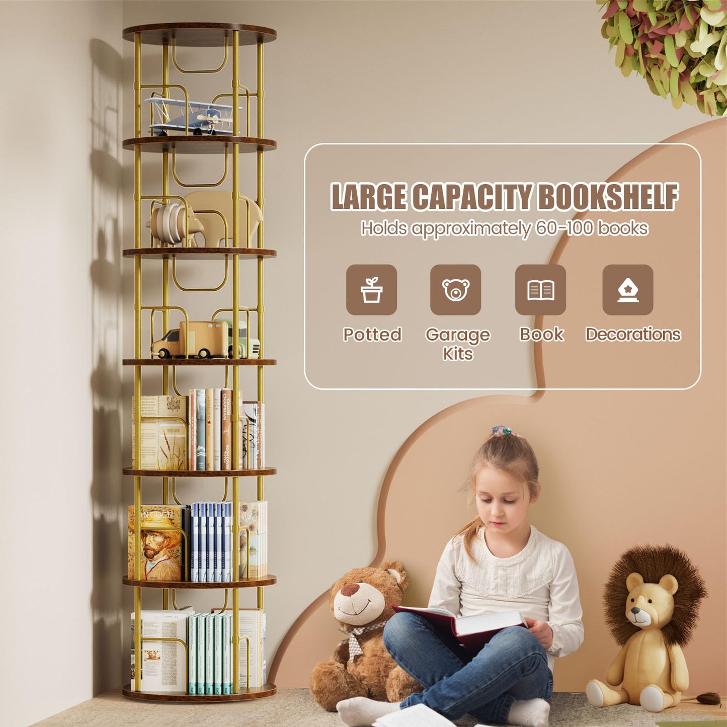 OCTORO 6 Tier Rotating Bookshelf, 360° Corner Bookshelf Tower, Round Revolving Bookcase with Adjustable Levels, Spinning Book Shelf for Home Office