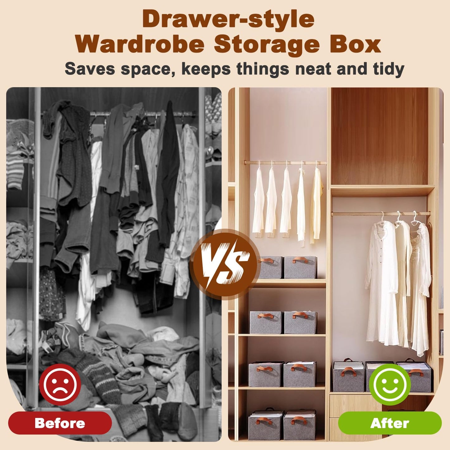 4 Pack Wardrobe Storage Organiser with Handles, Foldable Clothes Storage Baskets for Shelves, Collapsible Fabric Closet Shelf Boxes
