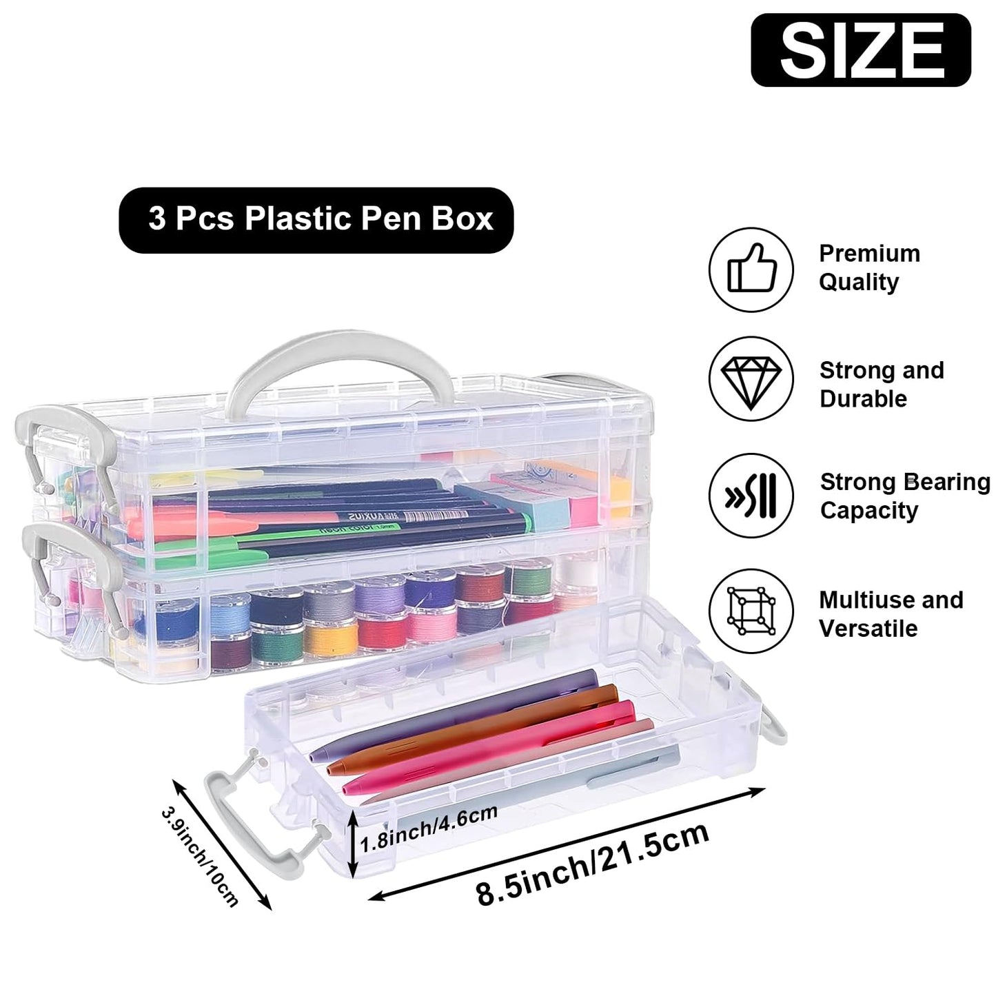DARUITE Pencil Case with Lid, 3 Tier Plastic Pencil Box with Handle
